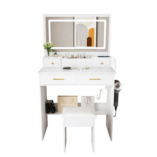 Coiffeuse Avec Miroir, 4 Tiroirs, LED, Prise, Support Pour Sèche-cheveux, Tabouret, En Mdf, Blanc