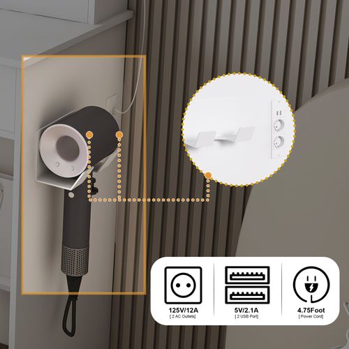 Coiffeuse Avec Miroir, 4 Tiroirs, LED, Prise, Support Pour Sèche-cheveux, Tabouret, En Mdf, Blanc