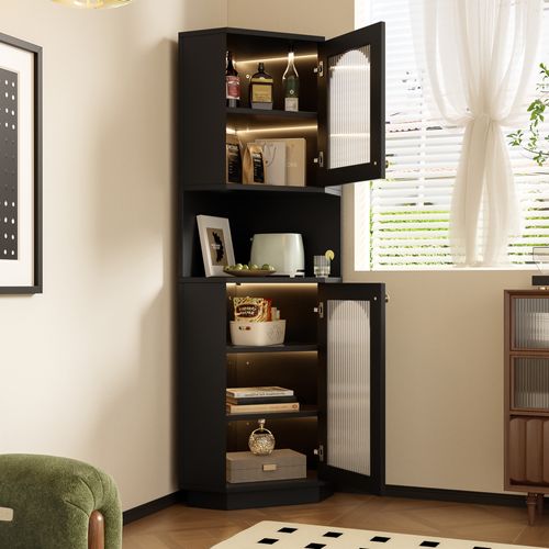 Caisson D'angle 45×45×166,5 Cm Avec LED, Porte En Verre Modelé, Rangements, En Mdf, Noir