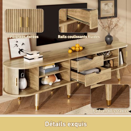 Meuble TV 175x38x45 Cm,2 Portes Coulissantes, 2 Tiroirs Et Compartiments, Mdf Imitation Chêne Clair