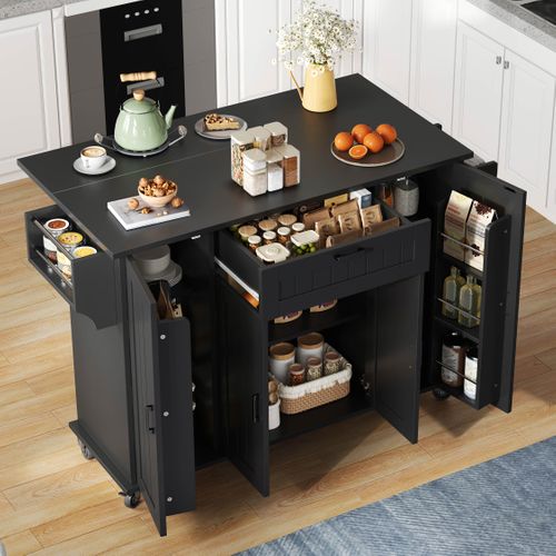 Îlot De Cuisine Extensible 120x45/70x95 Cm Avec 1 Tiroir, 4 Portes, Roulettes, Étagères, Mdf, Noir
