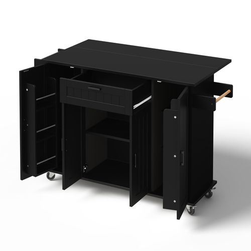 Îlot De Cuisine Extensible 120x45/70x95 Cm Avec 1 Tiroir, 4 Portes, Roulettes, Étagères, Mdf, Noir