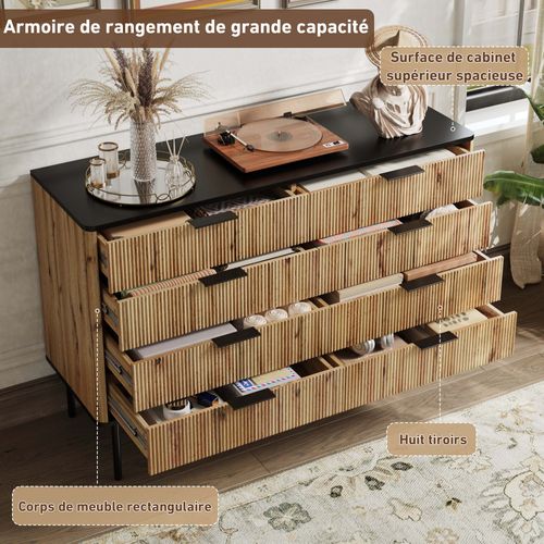 Buffet Moderne 120x39,5x80 Cm, 8 Tiroirs, Design Vertical, En Mdf, Couleur Bois Naturel Et Noir