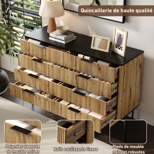 Buffet Moderne 120x39,5x80 Cm, 8 Tiroirs, Design Vertical, En Mdf, Couleur Bois Naturel Et Noir