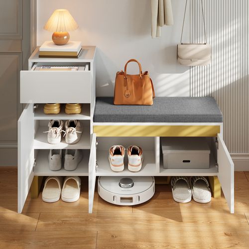Meuble à Chaussures Multifonction 120x35x85 Cm Avec Banc, Tiroir Et 3 Portes, En Mdf, Blanc