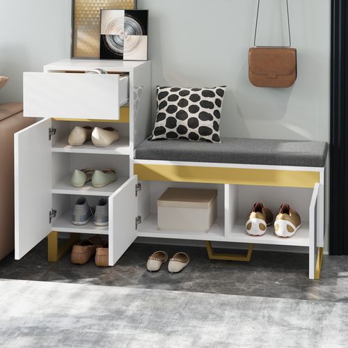 Meuble à Chaussures Multifonction 120x35x85 Cm Avec Banc, Tiroir Et 3 Portes, En Mdf, Blanc