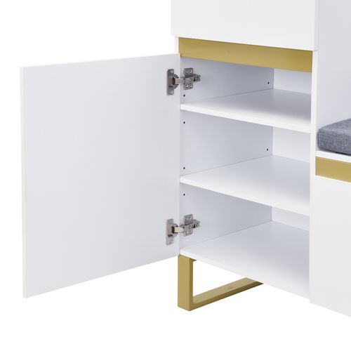 Meuble à Chaussures Multifonction 120x35x85 Cm Avec Banc, Tiroir Et 3 Portes, En Mdf, Blanc