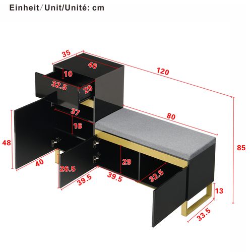 Meuble à Chaussures Multifonction 120x35x85 Cm Avec Banc, Tiroir Et 3 Portes, En Mdf, Noir