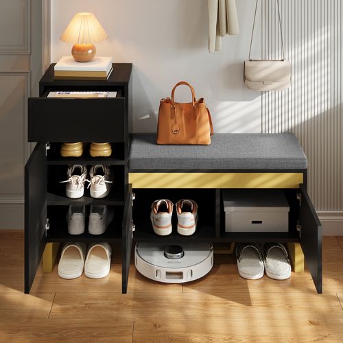 Meuble à Chaussures Multifonction 120x35x85 Cm Avec Banc, Tiroir Et 3 Portes, En Mdf, Noir