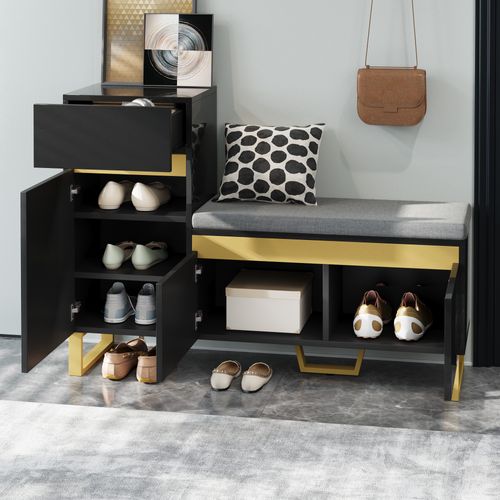 Meuble à Chaussures Multifonction 120x35x85 Cm Avec Banc, Tiroir Et 3 Portes, En Mdf, Noir