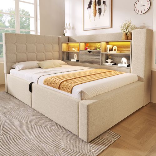 Lit Coffre Simple LED 90x190cm Avec Rangement Hydraulique, Tête De Lit En L Réversible, Lin Beige