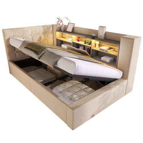 Lit Coffre Simple LED 90x190cm Avec Rangement Hydraulique, Tête De Lit En L Réversible, Lin Beige