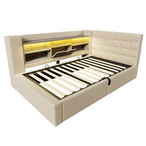 Lit Coffre Simple LED 90x190cm Avec Rangement Hydraulique, Tête De Lit En L Réversible, Lin Beige