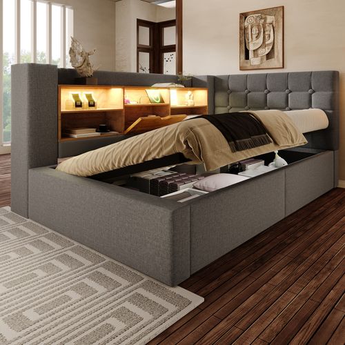 Lit Coffre Simple LED 90x200cm Avec Rangement Hydraulique, Tête De Lit En L Réversible, Lin Gris