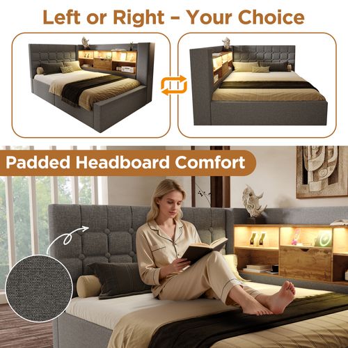 Lit Coffre Simple LED 90x200cm Avec Rangement Hydraulique, Tête De Lit En L Réversible, Lin Gris