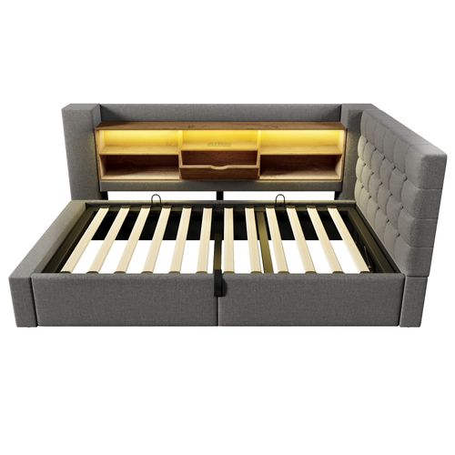 Lit Coffre Simple LED 90x190cm Avec Rangement Hydraulique, Tête De Lit En L Réversible, Lin Gris