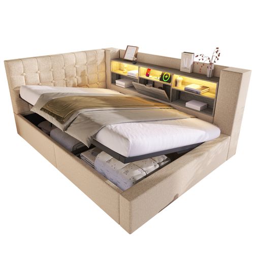 Lit Coffre Adulte LED 140x190cm Avec Rangement Hydraulique, Tête De Lit En L Réversible, Lin Beige