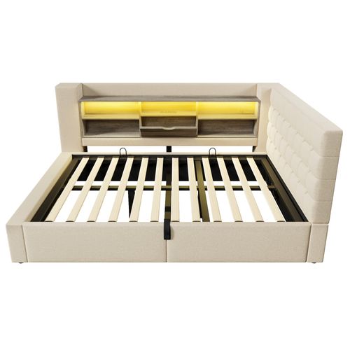 Lit Coffre Adulte LED 140x190cm Avec Rangement Hydraulique, Tête De Lit En L Réversible, Lin Beige