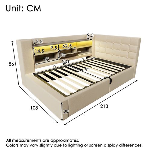 Lit Coffre Simple LED 90x200cm Avec Rangement Hydraulique, Tête De Lit En L Réversible, Lin Beige