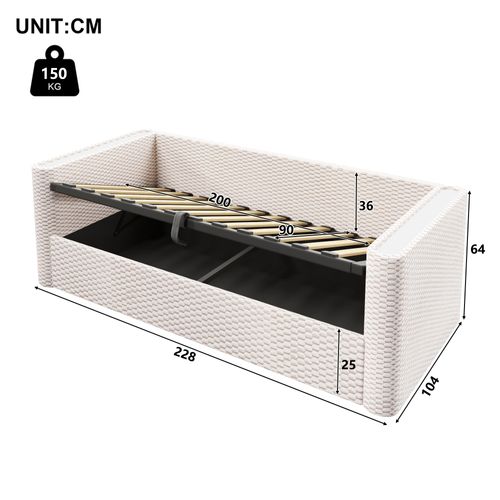 Lit Coffre Enfant 90x200 Cm Avec Rangement Hydraulique, LED, Sommier, En Velours, Beige