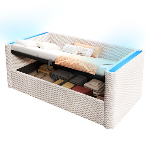 Lit Coffre Enfant 90x200 Cm Avec Rangement Hydraulique, LED, Sommier, En Velours, Beige