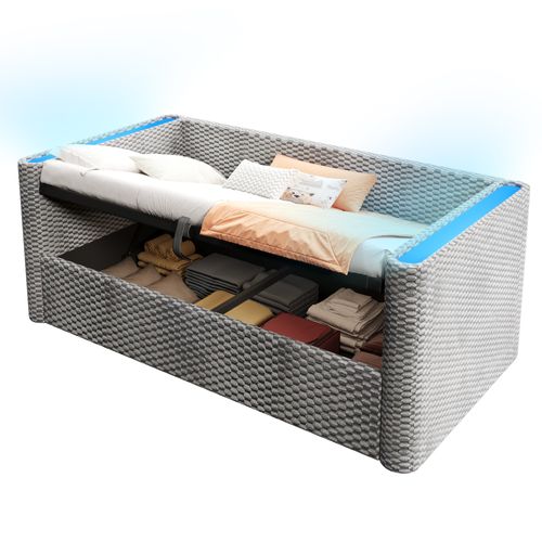 Lit Coffre Enfant 90x200 Cm Avec Rangement, LED, Sommier à Lattes, En Velours, Gris