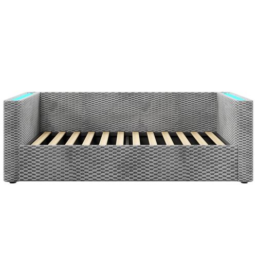 Lit Coffre Enfant 90x200 Cm Avec Rangement, LED, Sommier à Lattes, En Velours, Gris