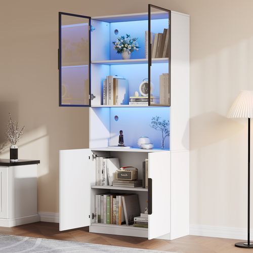 Vitrine 80x30x200 Cm Avec 4 Portes, Éclairage LED, Compartiment Ouvert, En Mdf, Blanc