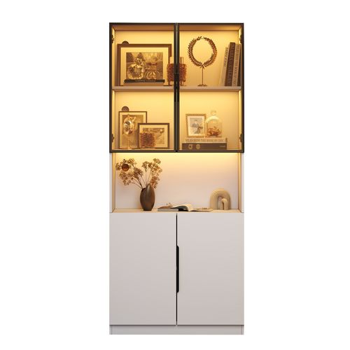 Vitrine 80x30x200 Cm Avec 4 Portes, Éclairage LED, Compartiment Ouvert, En Mdf, Blanc