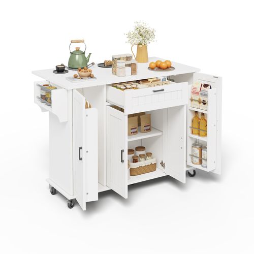 Îlot De Cuisine Extensible 120x45/70x95 Cm Avec 1 Tiroir, 4 Portes, Roulettes, Étagères, Mdf, Blanc