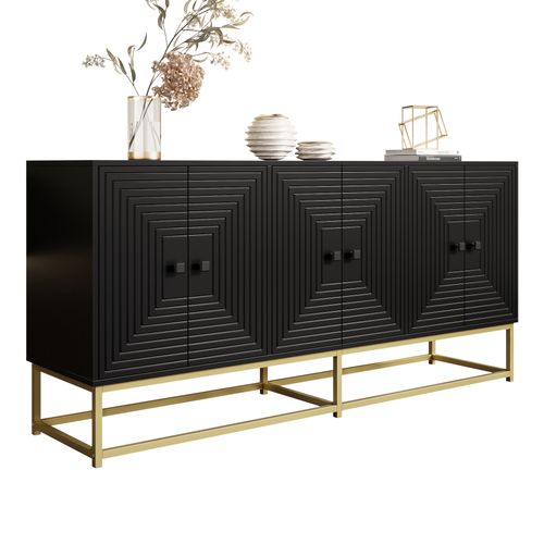 Buffet 6 Portes 160x38x75.5 Cm Design Mat Noir Panneaux Particule Pieds Or
