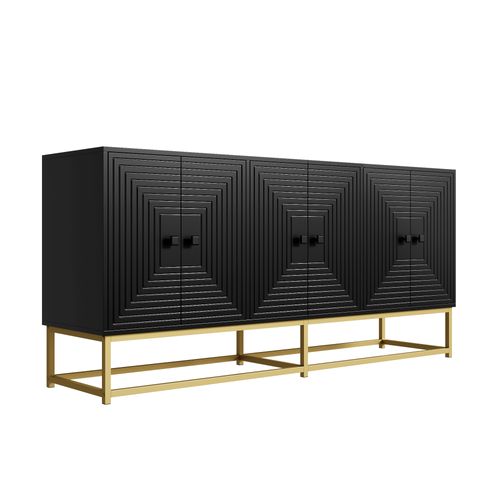 Buffet 6 Portes 160x38x75.5 Cm Design Mat Noir Panneaux Particule Pieds Or