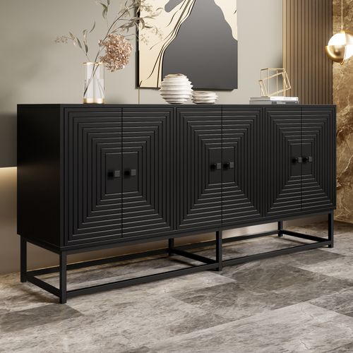 Buffet 6 Portes 160x38x75.5 Cm Design Mat Noir Panneaux Particule Pieds Noir