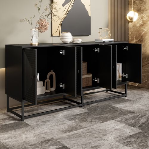 Buffet 6 Portes 160x38x75.5 Cm Design Mat Noir Panneaux Particule Pieds Noir