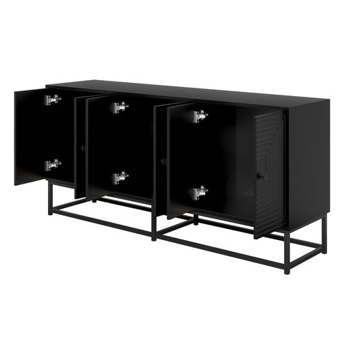 Buffet 6 Portes 160x38x75.5 Cm Design Mat Noir Panneaux Particule Pieds Noir