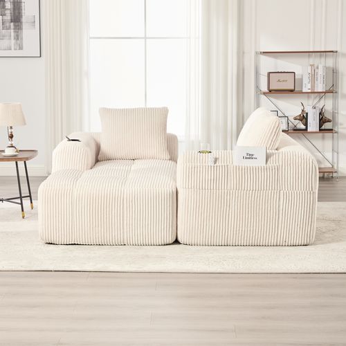 Canapé D'angle 253×158×61 Cm Avec Poches Latérales, Porte-gobelets, 3 Coussins, En Tissu, Beige