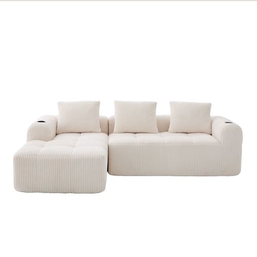 Canapé D'angle 253×158×61 Cm Avec Poches Latérales, Porte-gobelets, 3 Coussins, En Tissu, Beige