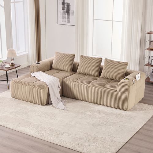Canapé D'angle 253×158×61 Cm Avec Poches Latérales, Porte-gobelets, 3 Coussins, En Tissu, Kaki