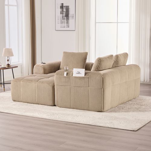 Canapé D'angle 253×158×61 Cm Avec Poches Latérales, Porte-gobelets, 3 Coussins, En Tissu, Kaki