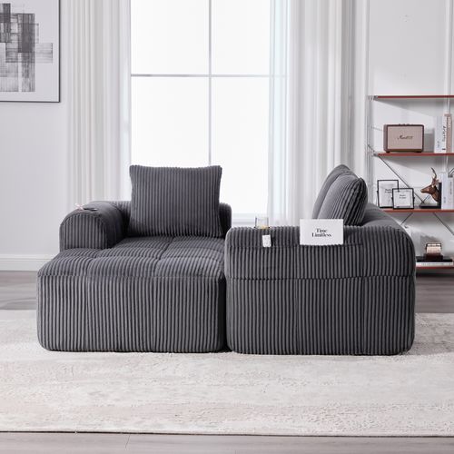 Canapé D'angle 253×158×61 Cm Avec Poches Latérales, Porte-gobelets, Coussins, En Tissu, Gris Foncé