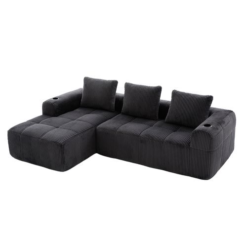 Canapé D'angle 253×158×61 Cm Avec Poches Latérales, Porte-gobelets, Coussins, En Tissu, Gris Foncé