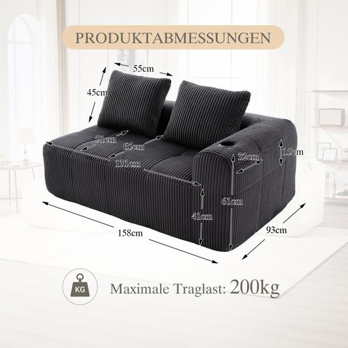 Canapé Droit 2 Places 158×93×61 Cm, Poche Latérales, Porte-gobelets, Coussin, Tissu, Gris Foncé