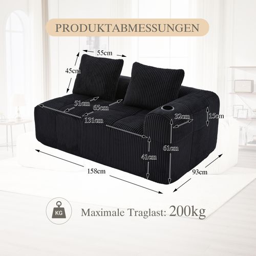 Canapé Droit 2 Places 158×93×61 Cm Avec Poches Latérales, Porte-gobelets, Coussin, Tissu, Noir