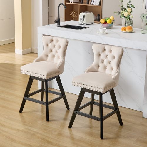 Lot De 2 Tabourets De Bar Pivotants 360° Avec Pieds En Bois, Velours, Beige