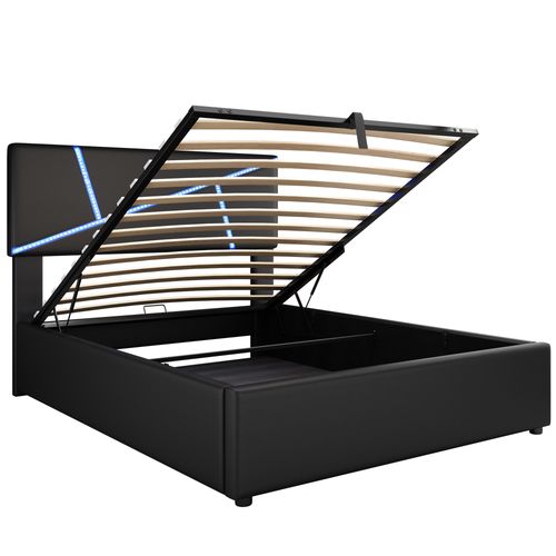 Lit Enfant 90x200 Cm Avec LED, Sommier à Lattes, Rangement Hydraulique, En Pu, Noir