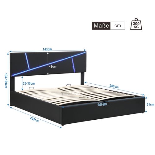 Lit Adulte 140x200 Cm Avec LED, Sommier à Lattes, Rangement Hydraulique, En Pu, Noir