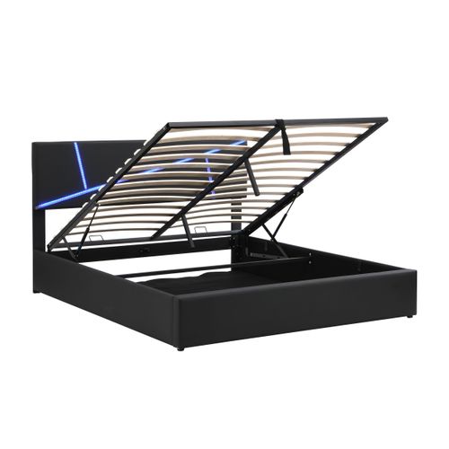 Lit Adulte 140x200 Cm Avec LED, Sommier à Lattes, Rangement Hydraulique, En Pu, Noir