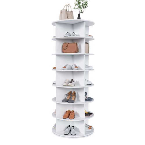 Armoire à Chaussures Rotative 360° De 7 Étages Avec Rangement Pour 28 Paires, En Pvc, Blanc