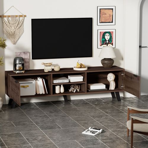 Meuble TV Moderne 160.5x35.5x45cm Avec 2 Portes Et 2 Compartiments Ouverts, Marron