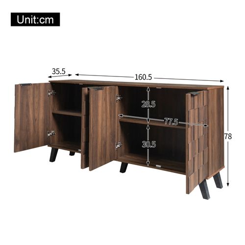 Buffet Moderne 160.5x35.5x78cm, 4 Portes, Poignées Noir Mat, Marron